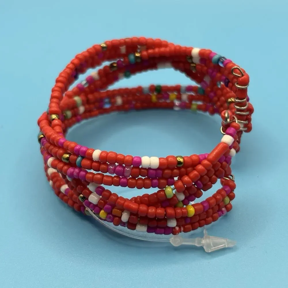 Red Multicolored Multi Strand Beaded Coil Bracelet Cuff‎ Bangle 6
